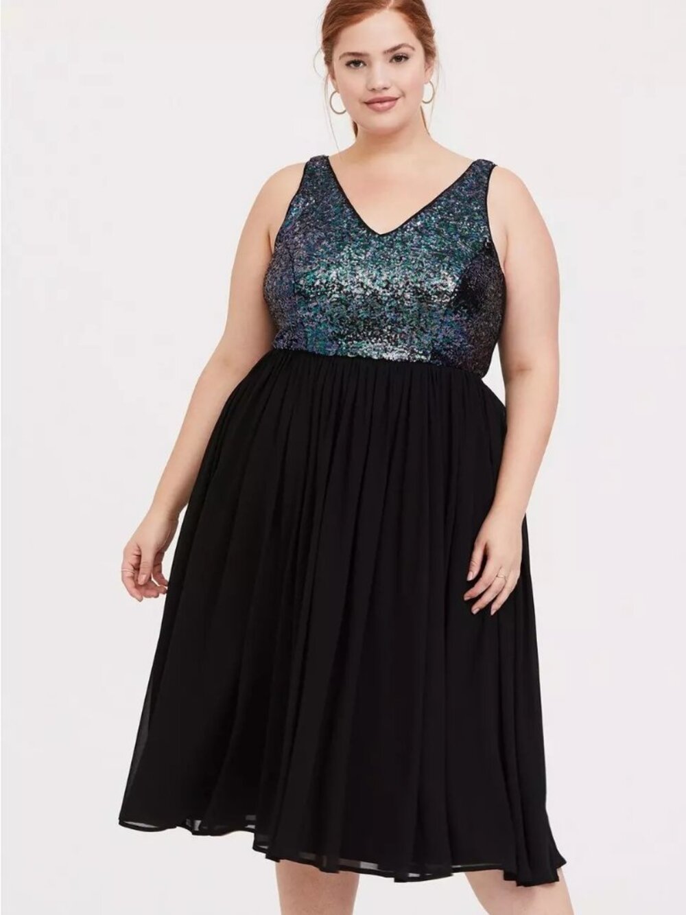 TORRID Black Sequin Chiffon Skater Midi Dress